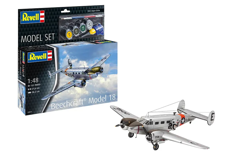 Revell 1/48 scale Beechcraft Model 18 model aircraft kit, showing the box packaging with included paints and brush, and a fully assembled model plane.