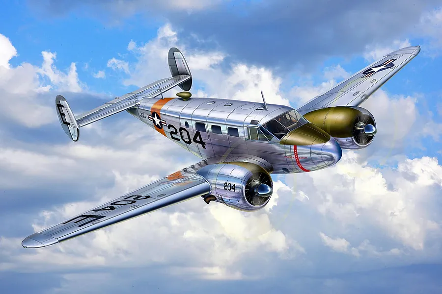 Digital illustration of a silver Beechcraft Model 18 twin-engine aircraft flying through a blue sky with white clouds.