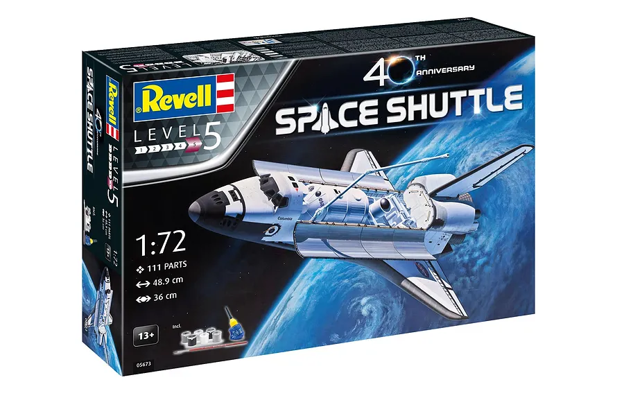 Revell 1/72 scale Space Shuttle 40th Anniversary model kit box showing the shuttle in orbit with included paints, glue, and brush.