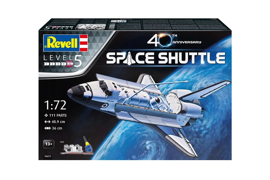 Revell 1/72 scale Space Shuttle 40th Anniversary model kit box showing a space shuttle in orbit against the Earth.