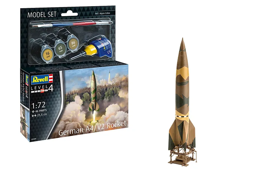 Revell 1/72 scale German A4-V2 Rocket model kit packaging and a fully assembled, painted rocket model on a launch stand.