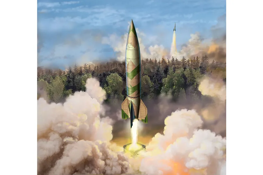 An artistic illustration of a German A4-V2 rocket launching from a forest clearing, with smoke and fire billowing from the base.