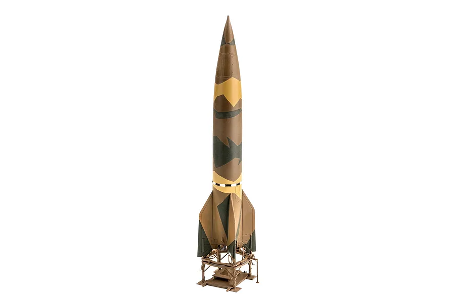 A fully assembled and painted 1/72 scale model of a German A4-V2 rocket standing upright on its launch platform against a white background.