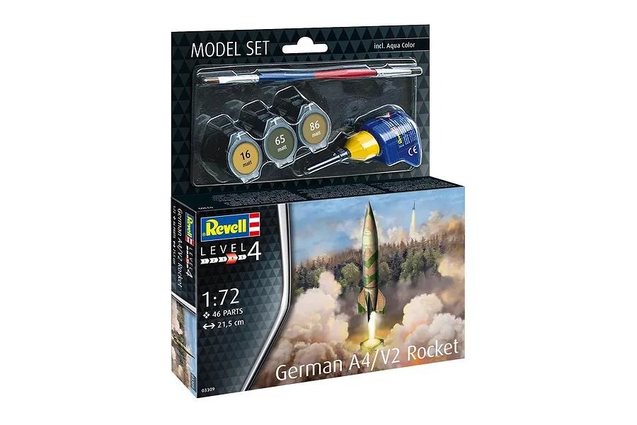 Revell 1/72 scale German A4/V2 Rocket model kit box, including paints, glue, and a brush, displayed against a white background.