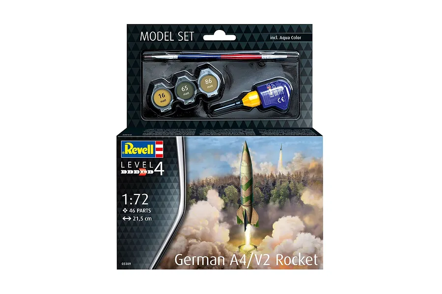 Revell 1/72 scale German A4-V2 Rocket model kit box, including paints, glue, and a brush, set against a white background.