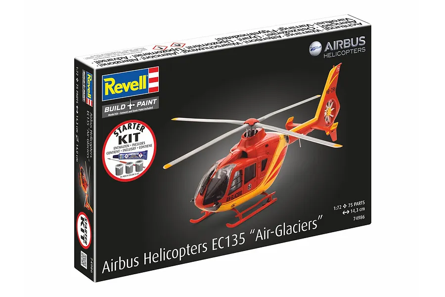 Revell 1/72 scale Airbus EC135 Air-Glaciers helicopter model kit box showing the finished red and yellow helicopter model.