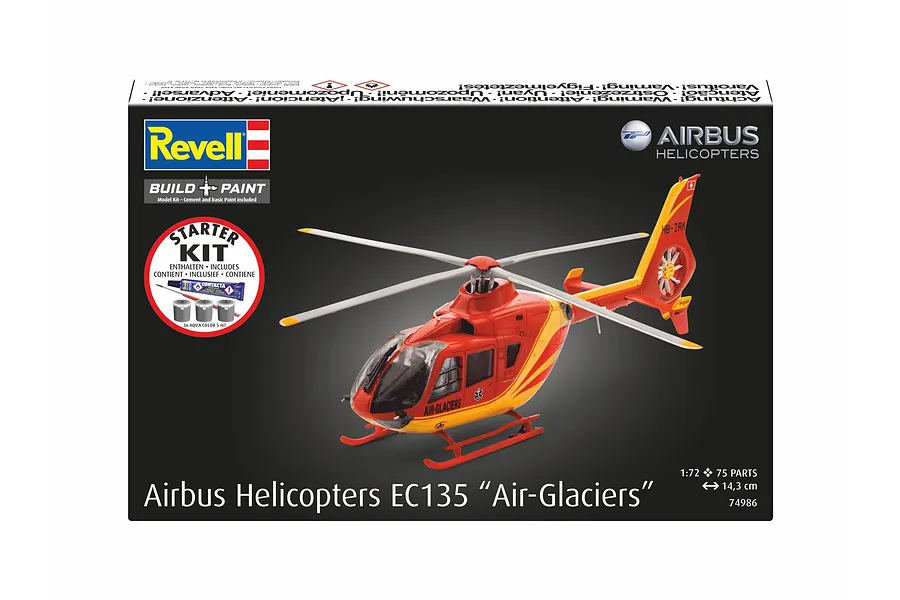 Revell 1/72 scale Airbus EC135 Air-Glaciers helicopter plastic model starter kit box showing the finished red and yellow model.