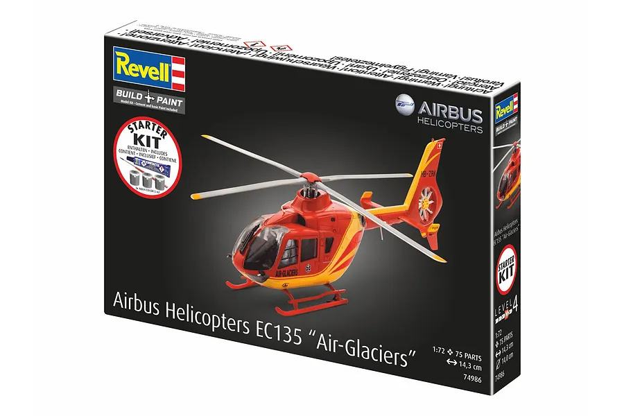 Revell 1/72 scale Airbus EC135 Air-Glaciers helicopter model kit box featuring a red and yellow rescue helicopter graphic.