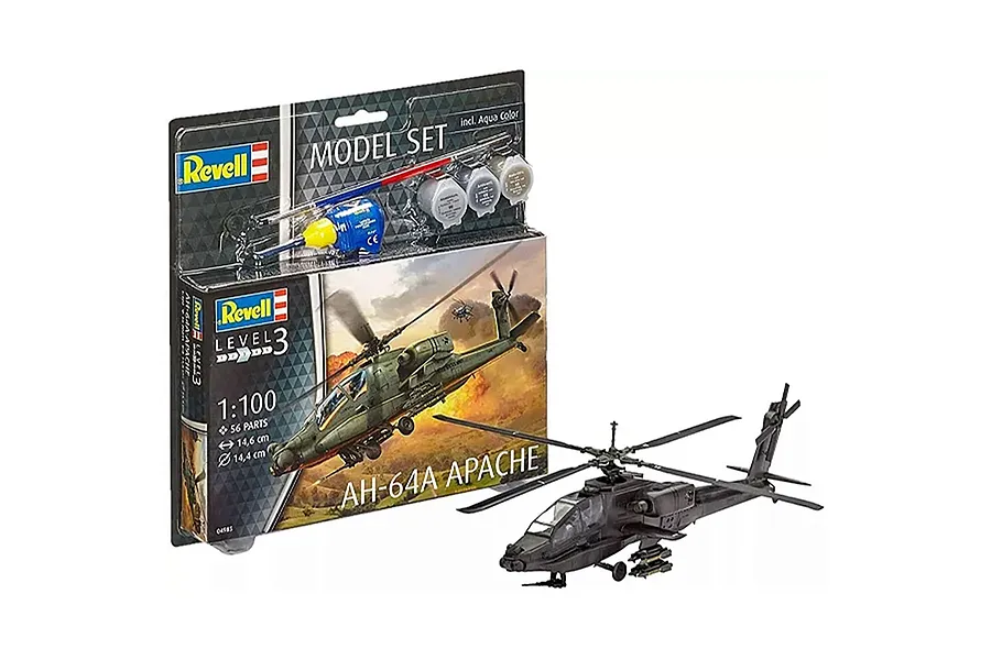 Revell 1/100 AH-64A Apache helicopter plastic model kit with packaging, including paints and glue, and a fully assembled model helicopter.