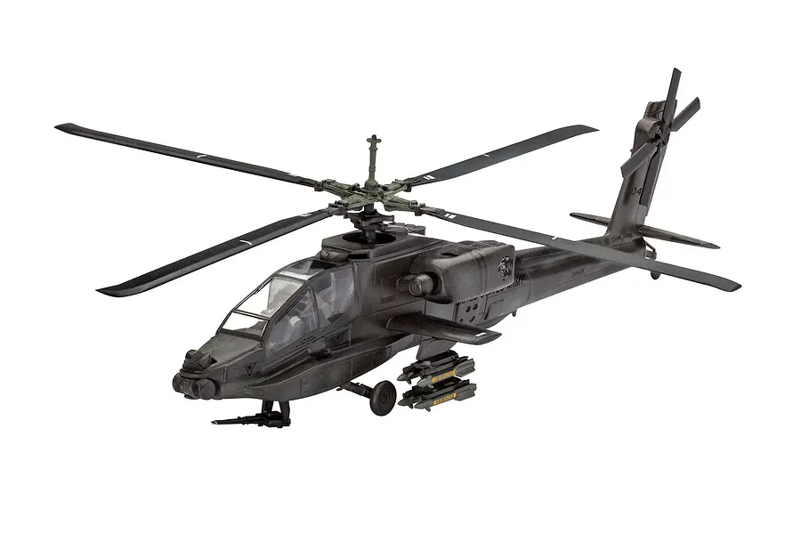 A fully assembled 1/100 scale Revell AH-64A Apache helicopter plastic model kit, painted in dark olive drab with U.S. Army markings.