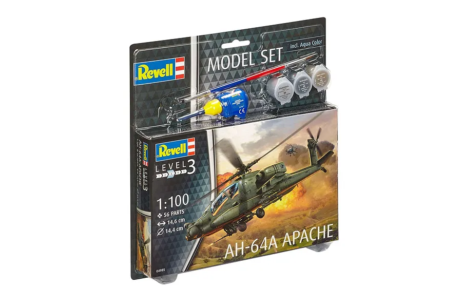 Revell 1/100 scale AH-64A Apache helicopter model starter kit in blister packaging with included paints and glue.
