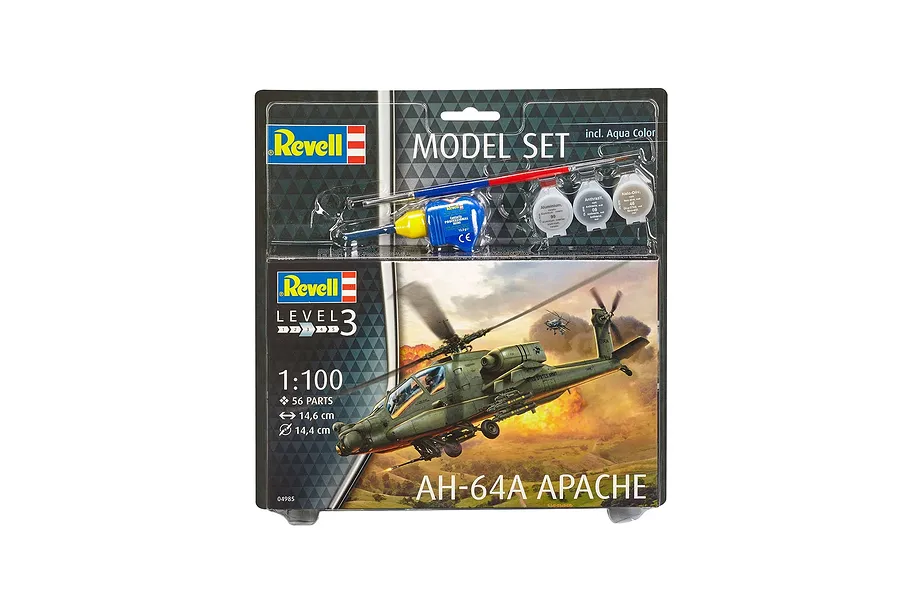 Revell 1/100 scale AH-64A Apache helicopter model starter kit in blister packaging with included paint, glue, and brush.