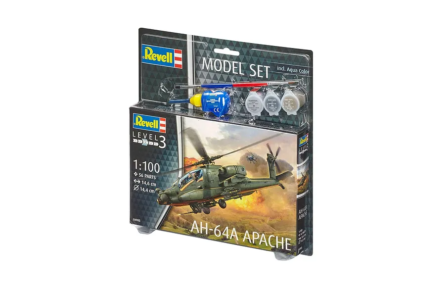 Revell 1/100 scale AH-64A Apache helicopter model kit in blister packaging, including paint pots, glue, and a paintbrush.