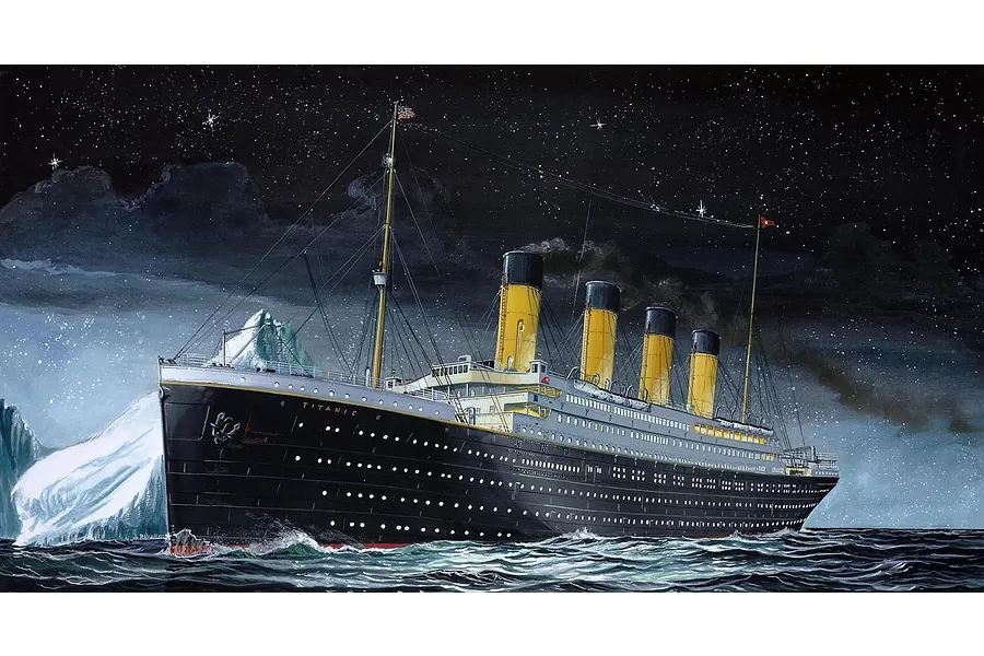 An artistic illustration of the RMS Titanic sailing at night past an iceberg, featuring four yellow funnels and a black hull against a starry sky.