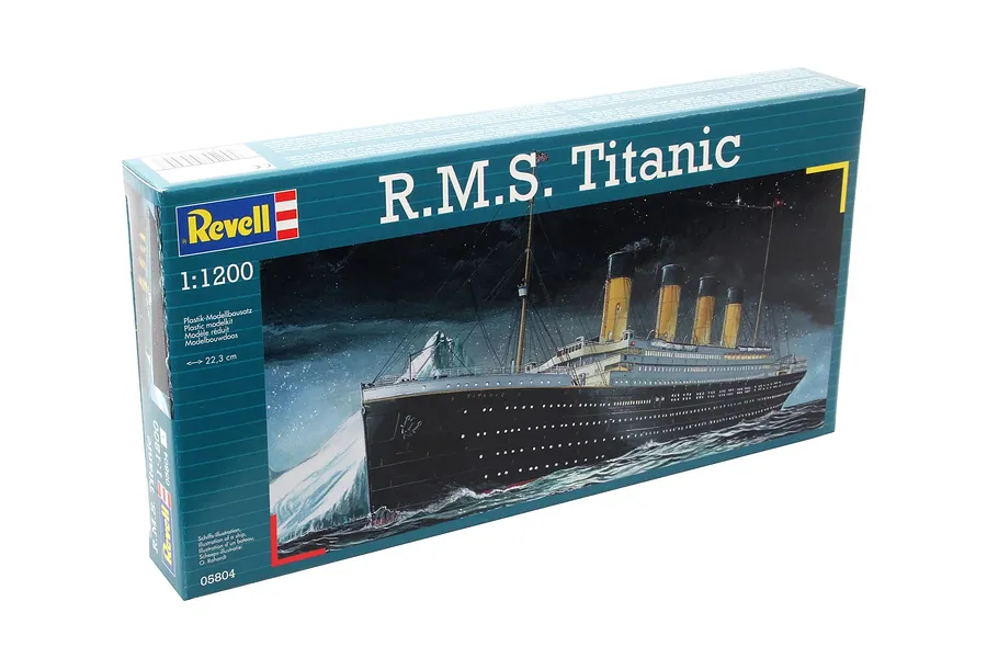 A Revell 1/1200 scale R.M.S. Titanic plastic model kit box showing an illustration of the ship at sea.