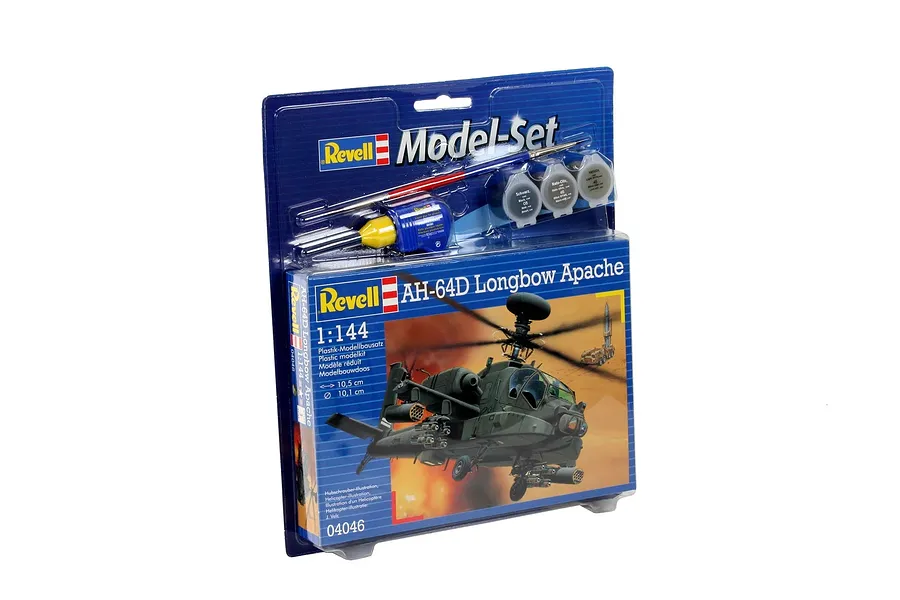 Revell 1/144 AH-64D Apache Longbow model kit in blister packaging with included paint, glue, and brush.