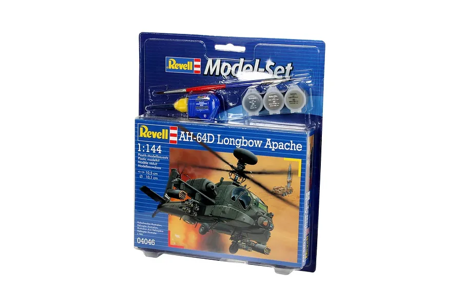 Revell 1/144 scale AH-64D Apache Longbow plastic model starter kit in blister packaging with included paint, glue, and brush.