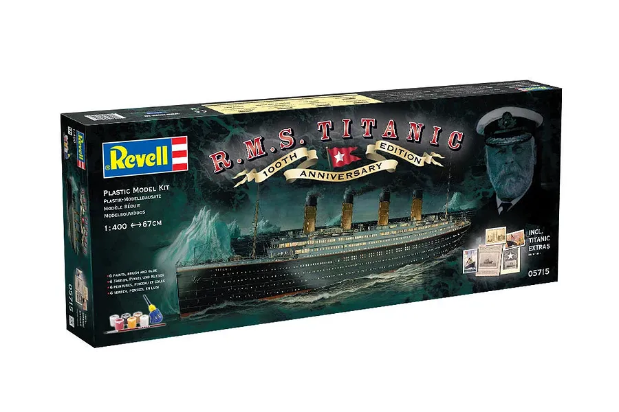 Revell 1/400 scale R.M.S. Titanic 100th Anniversary Edition plastic model kit box showing the ship at sea and included accessories.
