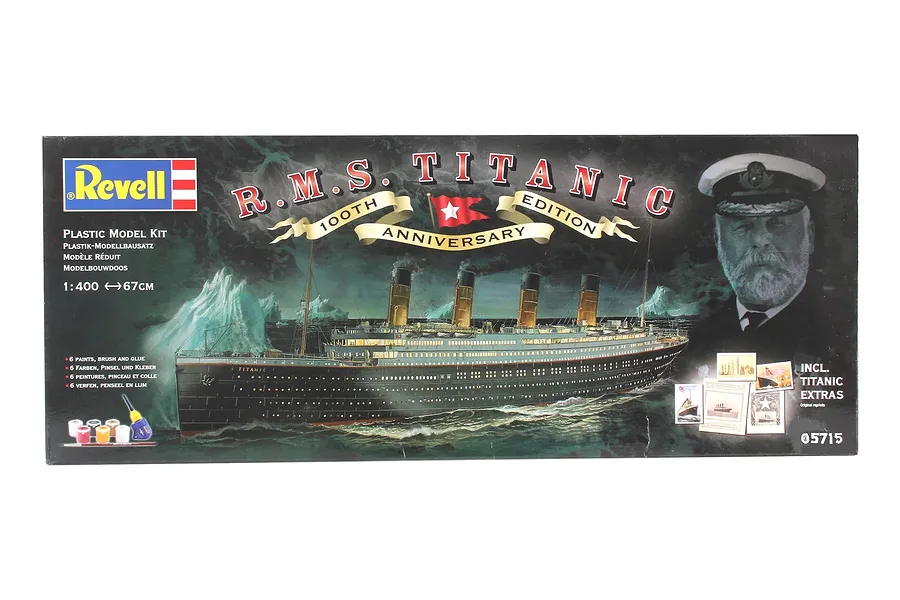 Revell 1/400 scale R.M.S. Titanic 100th Anniversary Edition plastic model kit box showing the ship, an iceberg, and Captain Smith.