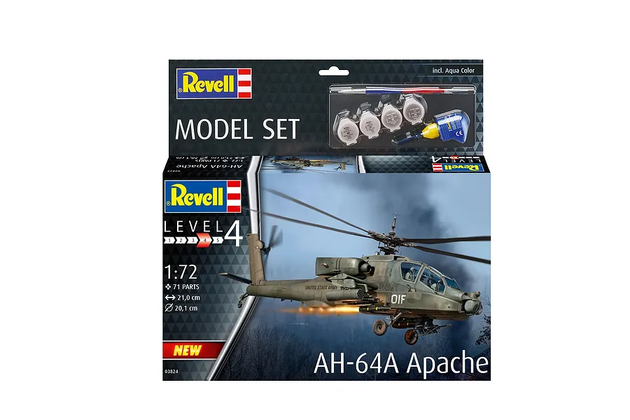 Revell 1/72 scale AH-64A Apache helicopter model kit box showing the finished model in flight, including paint, glue, and brush.