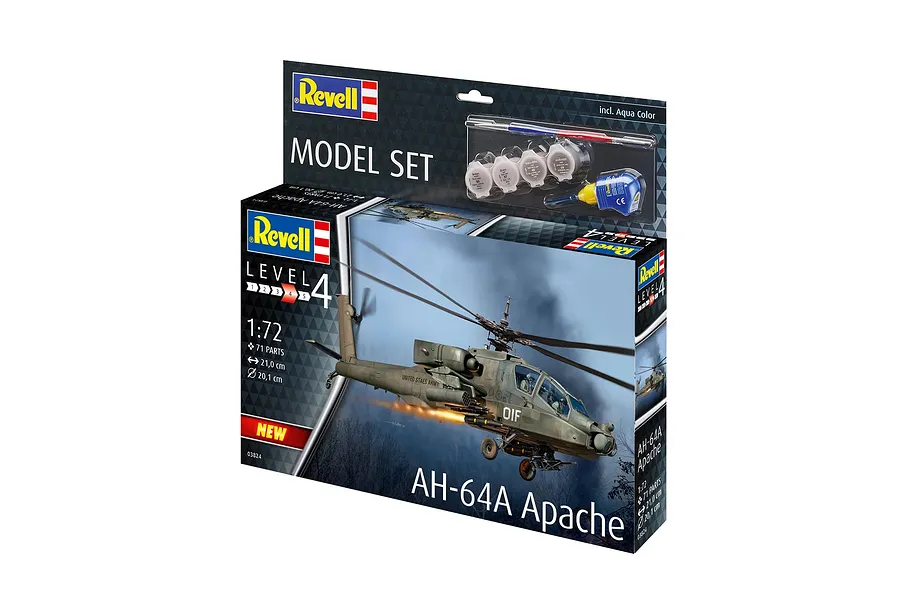 Revell 1/72 scale AH-64A Apache helicopter plastic model starter kit box showing the finished model and included paints and glue.