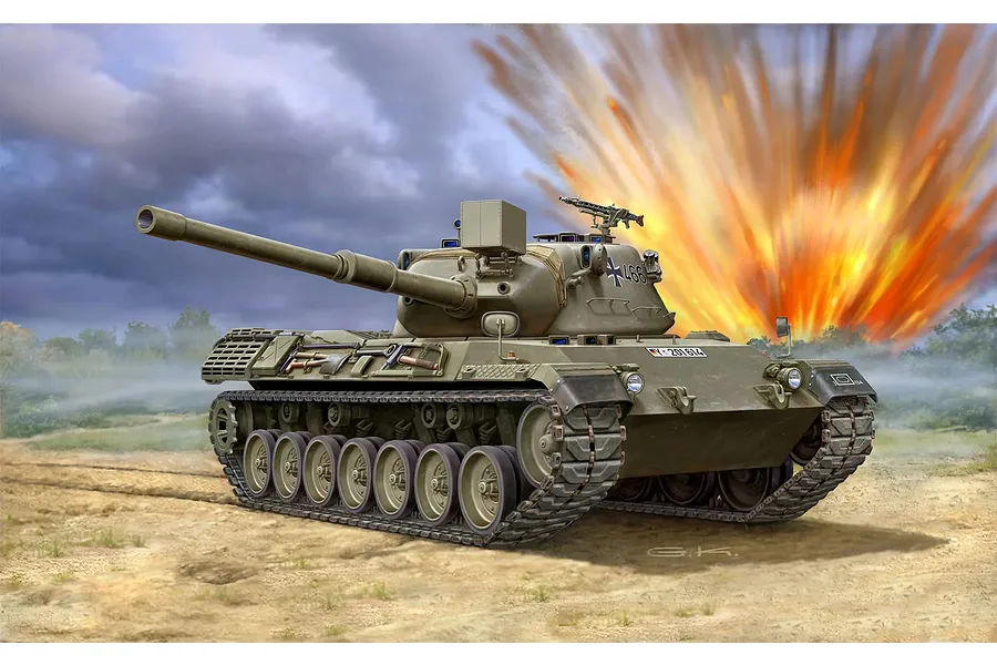 An artistic illustration of a German Leopard 1 tank in a field with a large explosion in the background.