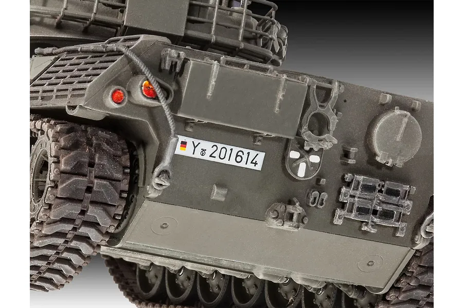 Close-up of the rear hull of a 1/35 scale Leopard 1 tank model, showing the German license plate, taillights, and track detail.