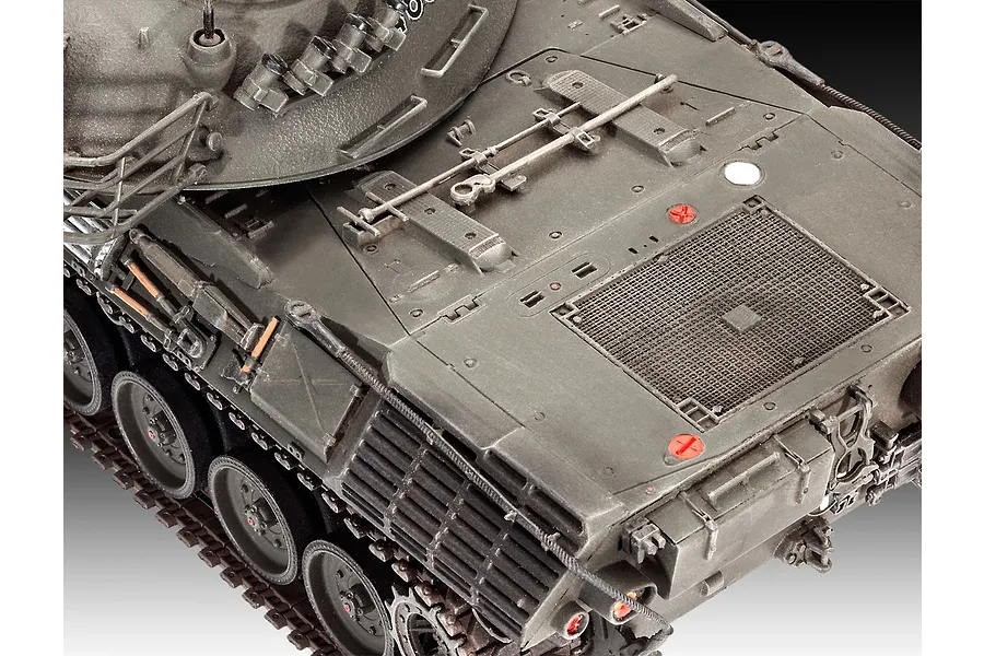 Close-up, high-angle view of the rear deck and turret of a 1/35 scale Leopard 1 tank model, showing detailed engine grilles, tools, and tracks.
