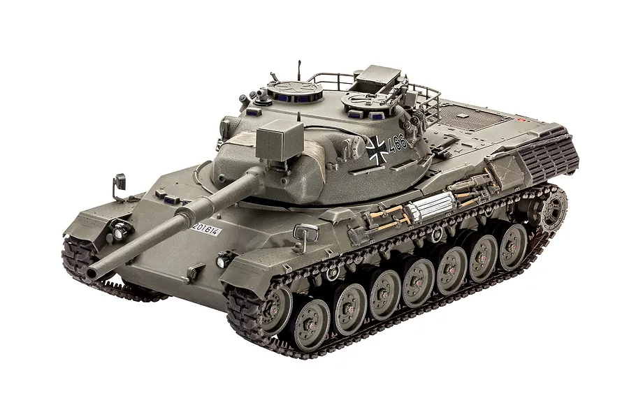 A high-angle studio shot of a fully assembled and painted 1/35 scale Revell Leopard 1 tank model on a white background.