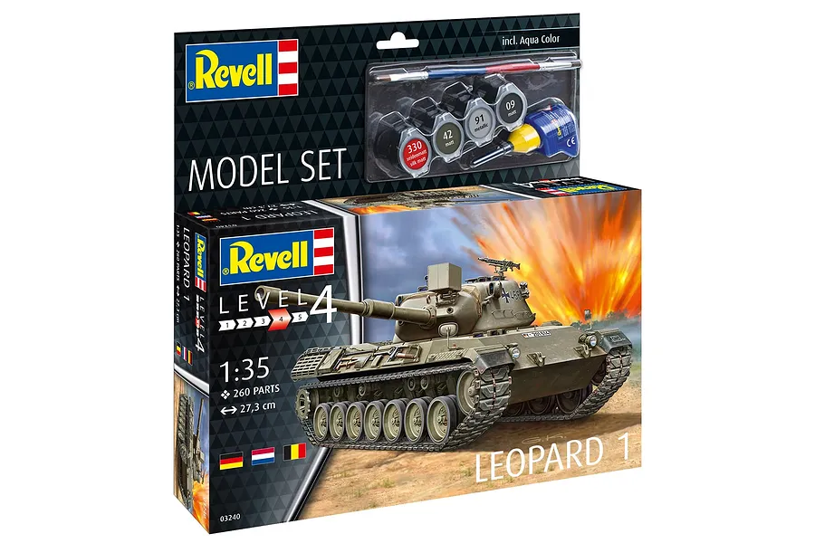 Revell 1/35 scale Leopard 1 tank plastic model kit box showing the finished tank model, paint pots, glue, and a paintbrush.