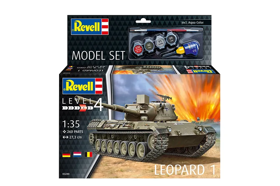Revell 1/35 scale Leopard 1 tank plastic model kit box, including paints, glue, and a brush, featuring an illustration of the tank in action.