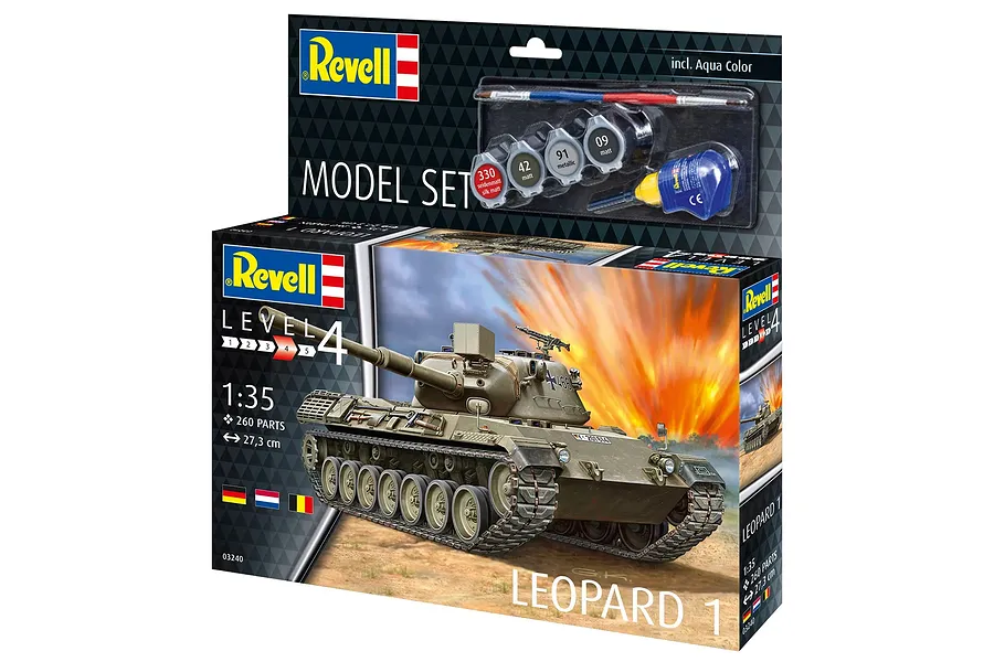 Revell 1/35 scale Leopard 1 tank plastic model kit box showing the finished tank model, paint pots, glue, and a paintbrush.