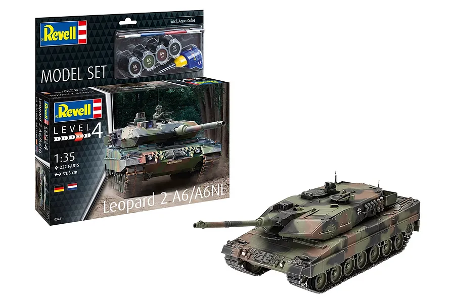 Revell 1/35 scale Leopard 2 A6/A6NL model tank kit box and a fully assembled, painted model tank on a white background.