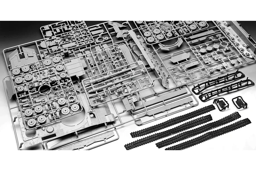Grey plastic model kit sprues for a 1/35 scale Leopard 2 tank, including tank tracks, wheels, and hull components on a white background.