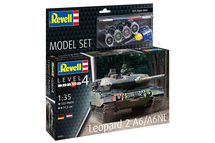 Revell 1/35 scale Leopard 2 A6/A6NL plastic model tank starter kit box with included paints, brush, and glue.