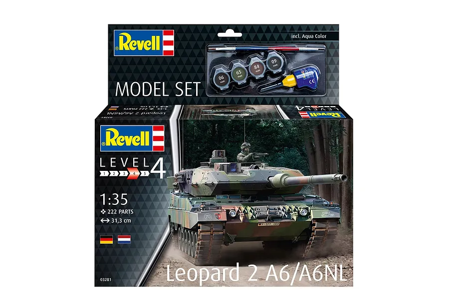 Revell 1/35 scale Leopard 2 A6/A6NL model tank starter kit box showing the finished tank model and included paints, brush, and glue.