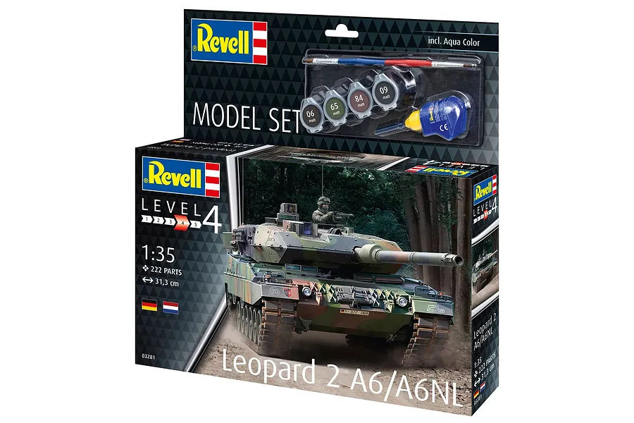Revell 1/35 scale Leopard 2 A6/A6NL plastic model tank starter kit box showing the finished model and included paints, brush, and glue.