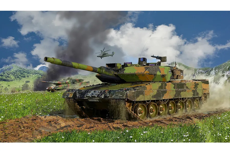 Box art illustration of a Leopard 2 A6M+ tank driving through a grassy field with a helicopter in the background.