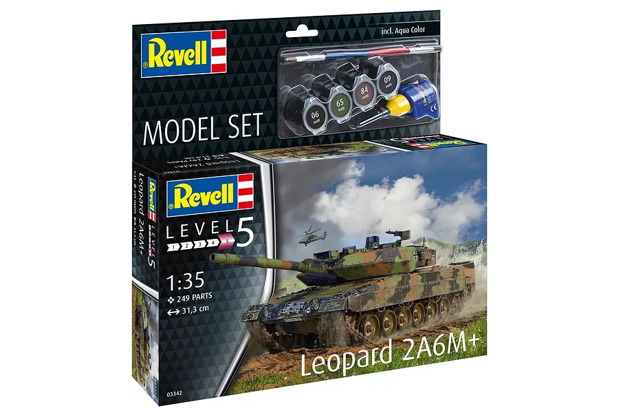 Revell 1/35 scale Leopard 2 A6M+ plastic model tank starter kit box showing the finished model, paints, and glue included.
