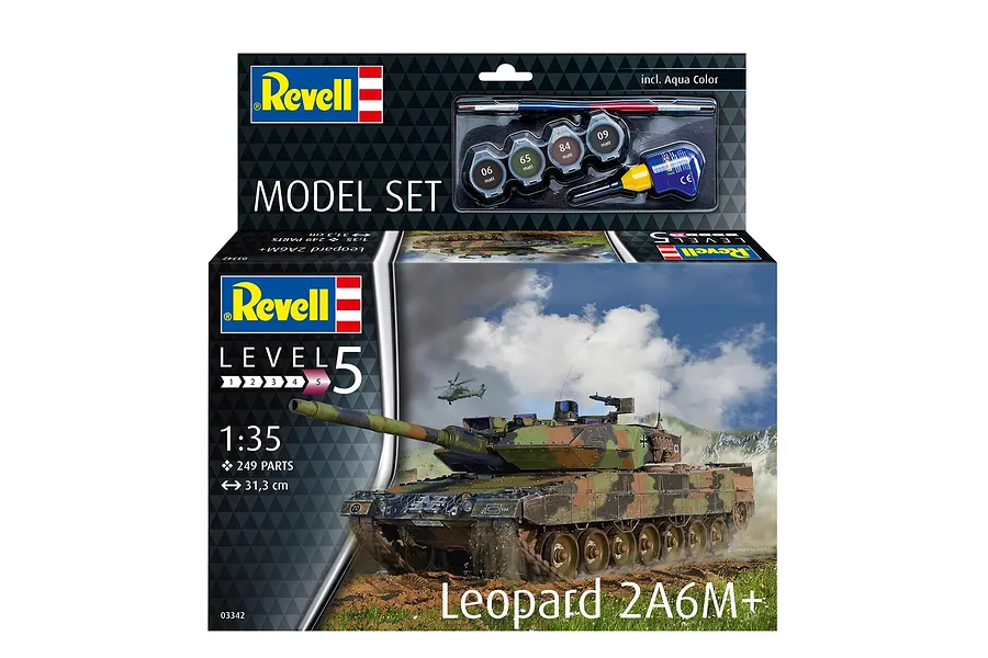 Revell 1/35 scale Leopard 2 A6M+ plastic model tank starter kit box showing the tank in action and included paints and glue.
