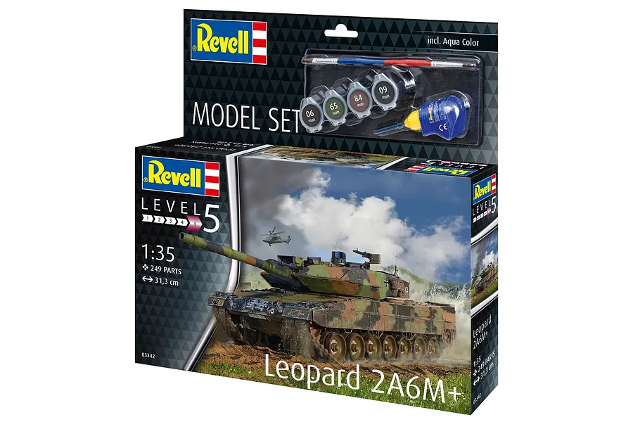 Revell 1/35 scale Leopard 2 A6M+ plastic model tank starter kit box showing the finished model, paints, glue, and brush.