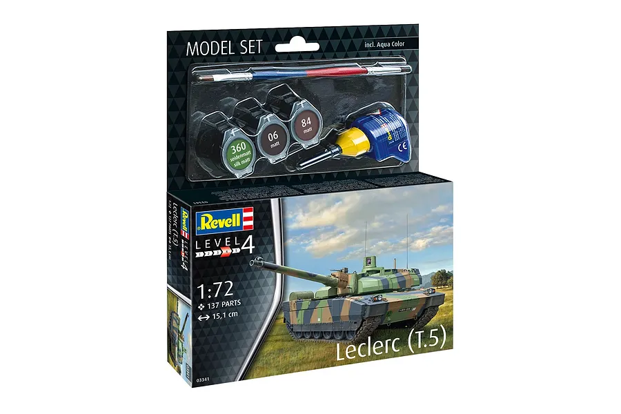 Revell 1/72 scale Leclerc (T.5) tank plastic model starter kit box, including paints, glue, and a paintbrush.