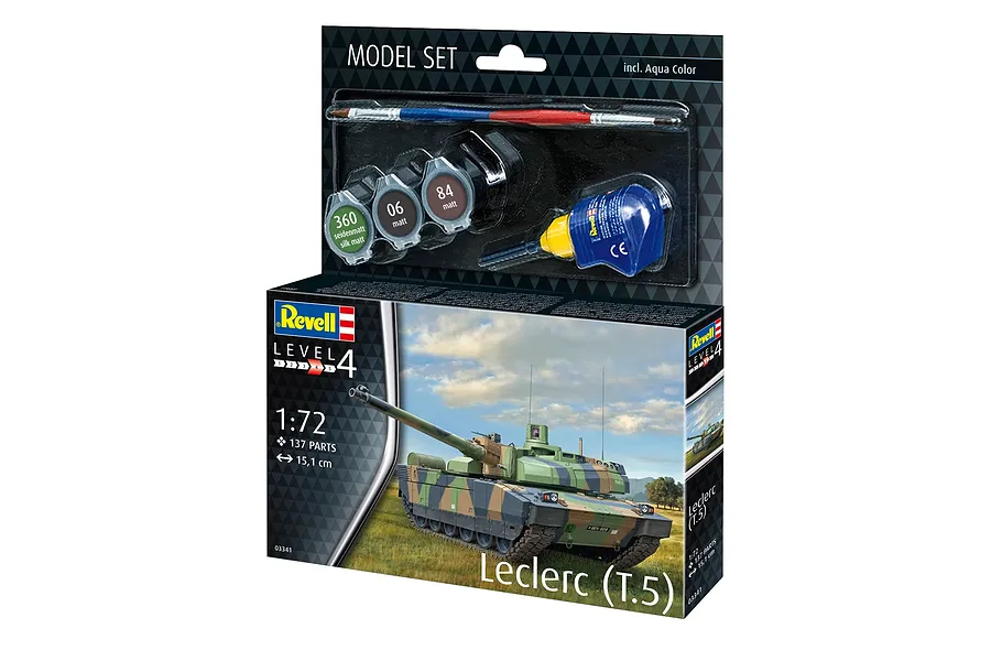 Revell 1/72 scale Leclerc (T.5) tank plastic model starter kit box showing the tank, paint pots, glue, and brush.