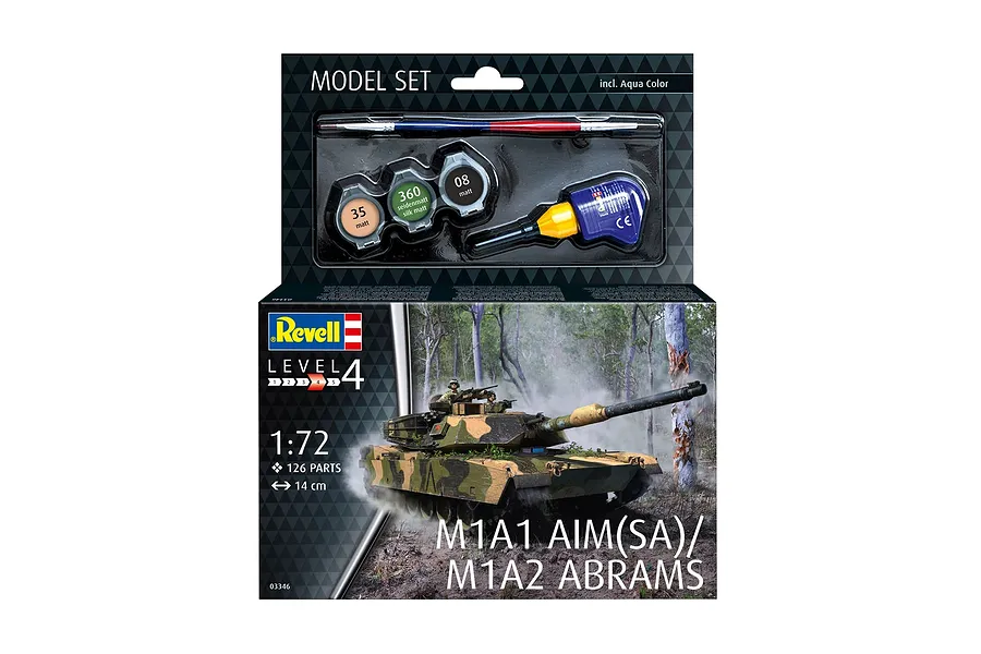 Revell 1/72 scale M1A1 AIM(SA)/M1A2 Abrams model tank starter kit box showing the tank, paint pots, and a paintbrush.