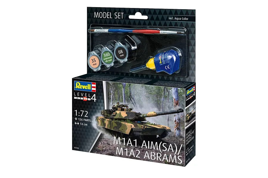 Revell 1/72 scale M1A1 AIM(SA)/M1A2 Abrams model tank starter kit box, including paints, glue, and a brush.