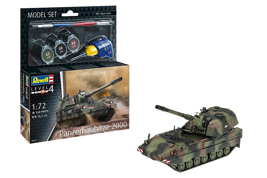 Revell 1/72 scale Panzerhaubitze 2000 model kit box and a fully assembled, painted model tank on a white background.