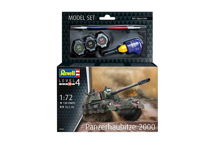 Revell 1/72 scale Panzerhaubitze 2000 model kit box showing a tank in action, including paints, glue, and a brush in a top blister pack.