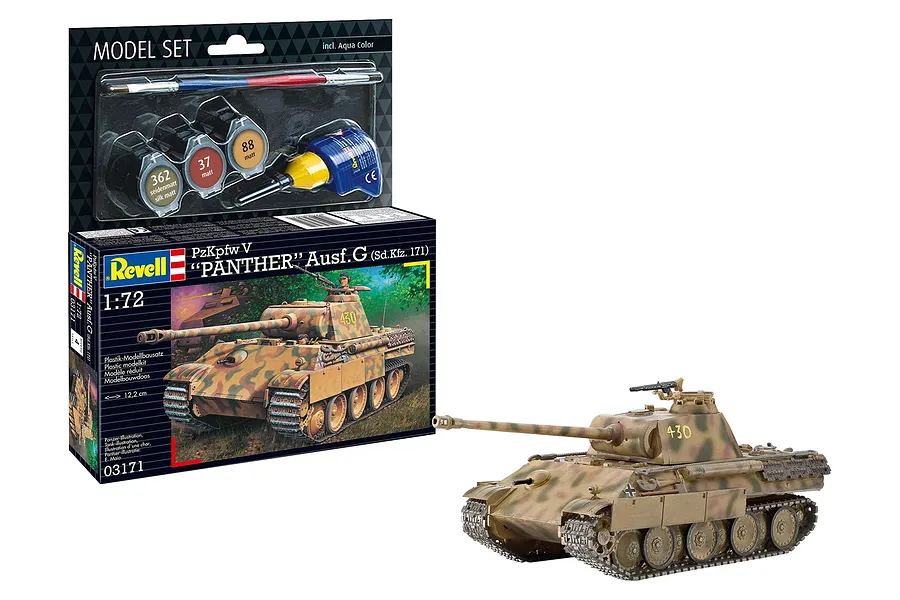 Revell 1/72 scale Panther Ausf. G tank model kit box with included paints, glue, and brush, alongside a fully assembled and painted model.