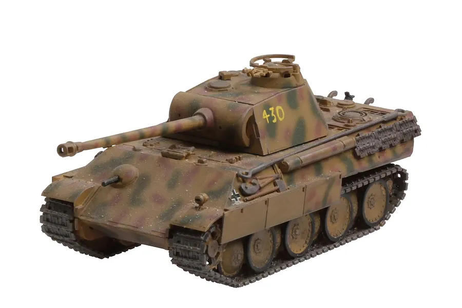 A 1/72 scale plastic model of a German Panther Ausf. G tank with a camouflage paint scheme and the number 430 on the turret.