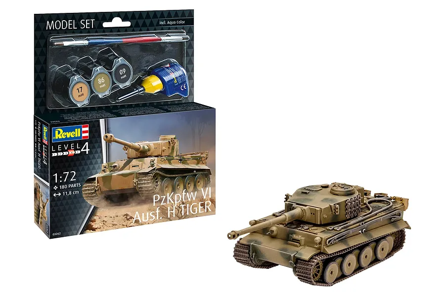 Revell 1/72 scale PzKpfw VI Ausf. H Tiger model kit box with included paints, glue, and brush, alongside a fully assembled and painted model tank.